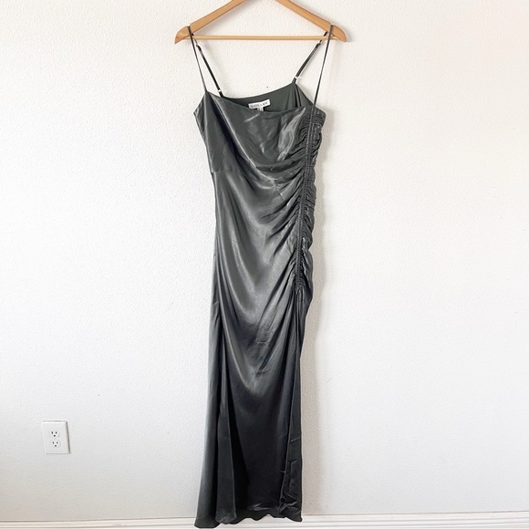 Shona Joy La Lune Olive Satin Ruched High Slit Formal Maxi Dress Gown - Picture 2 of 11